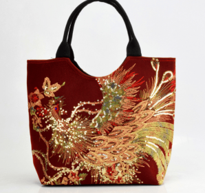 Canvas peacock embroidery small handbag (Option: Wine Red-Paperback)