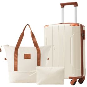 Hardshell Luggage Sets 3 Piece Carry-on Suitcases With Wheels, TSA Lock For Men Women-White (Color: White)