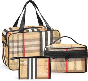 3 Pack Makeup Bag;  Travel Cosmetic Bag with Zipper Handle Waterproof Striped Transparent Toiletry Bag Portable Organizer Cases Set for Women and (Style: Style C)